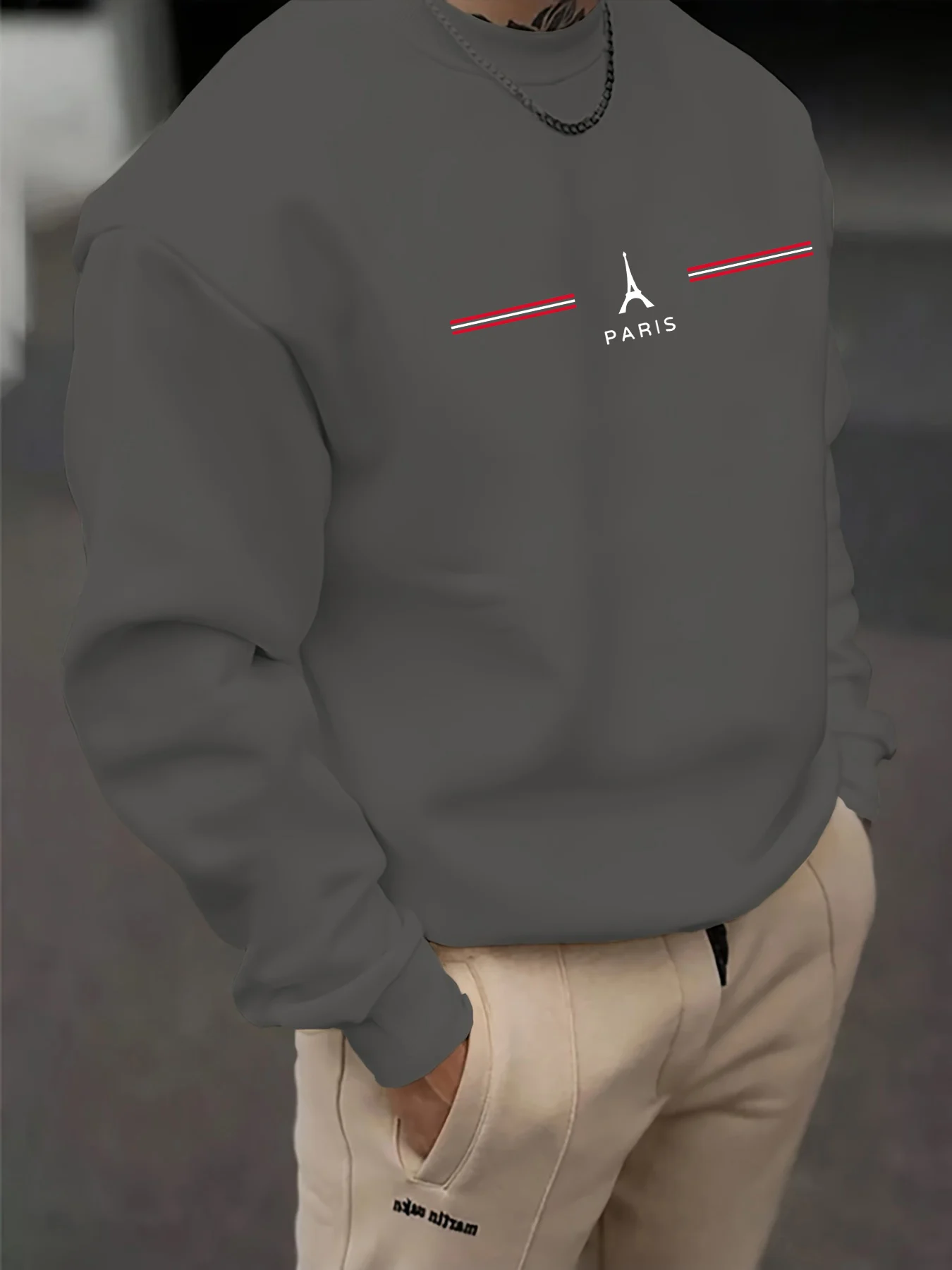 Men's Autumn and Winter Fashionable Casual Loose Paris Letter Pattern Printed Long Sleeved Round Neck Sweatshirt
