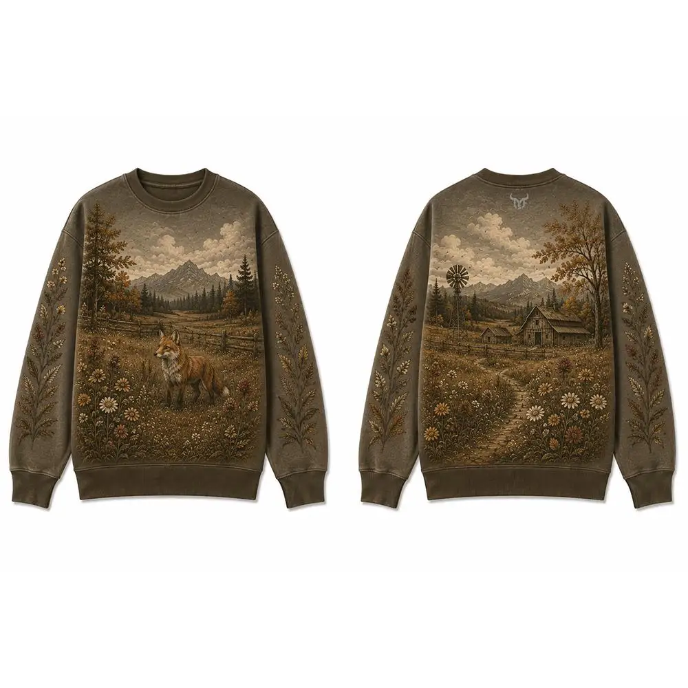 Wilderness Wildlife Print Crew Neck Sweatshirt Men Outdoor Vintage All Over Print Pullover Unisex Casual Street Long-sleeved Top