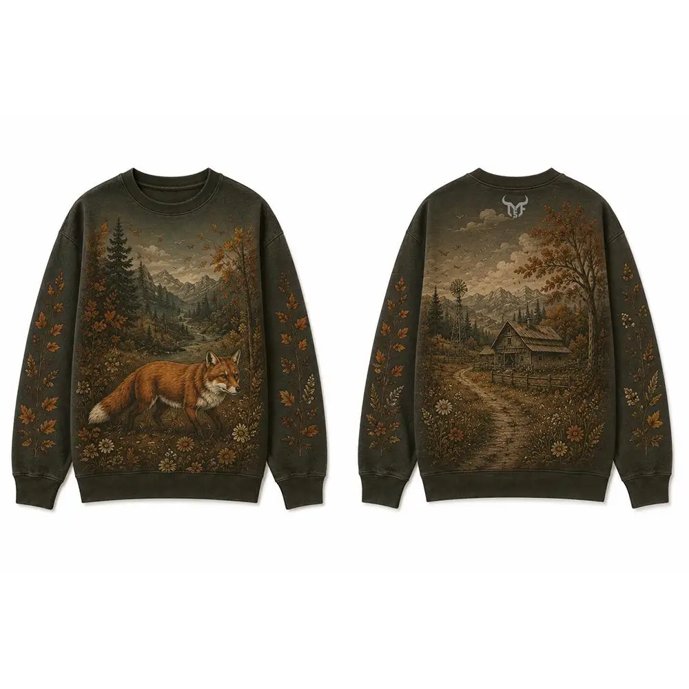 Wilderness Wildlife Print Crew Neck Sweatshirt Men Outdoor Vintage All Over Print Pullover Unisex Casual Street Long-sleeved Top
