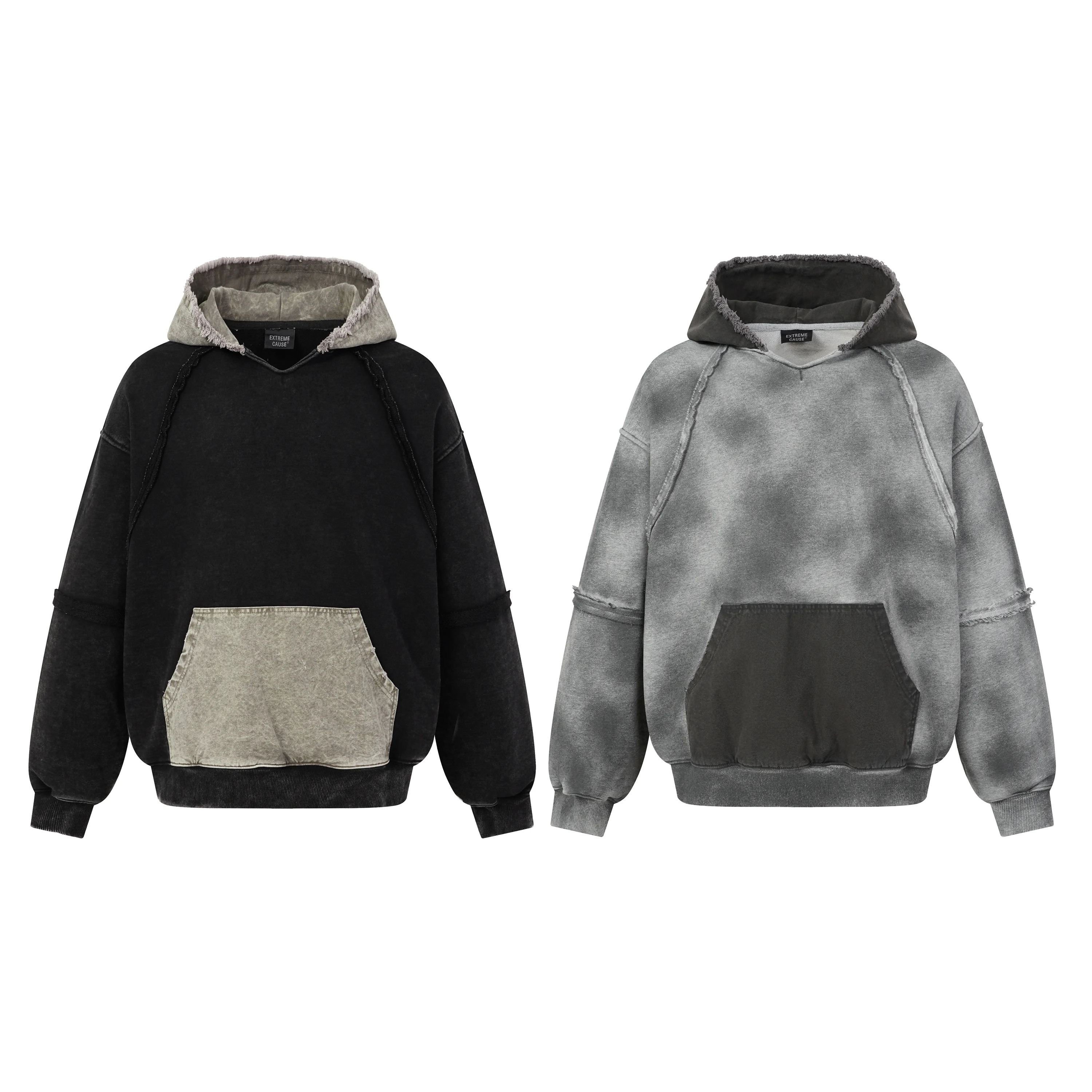 Men Vintage Washed Tie Dye Hoodie Raw Edge Patchwork Color Block Pocket Streetwear Oversized Sweatshirt