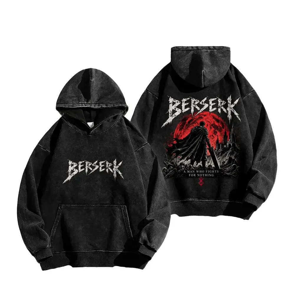 Guts Graphic Clothing Berserk Anime Hooded Men Women Vintage Washed Hoodies Oversized Cotton Sweatshirt Male Casual Streetwear