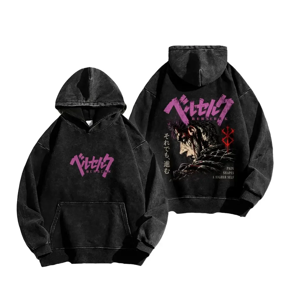 Guts Graphic Clothing Berserk Anime Hooded Men Women Vintage Washed Hoodies Oversized Cotton Sweatshirt Male Casual Streetwear
