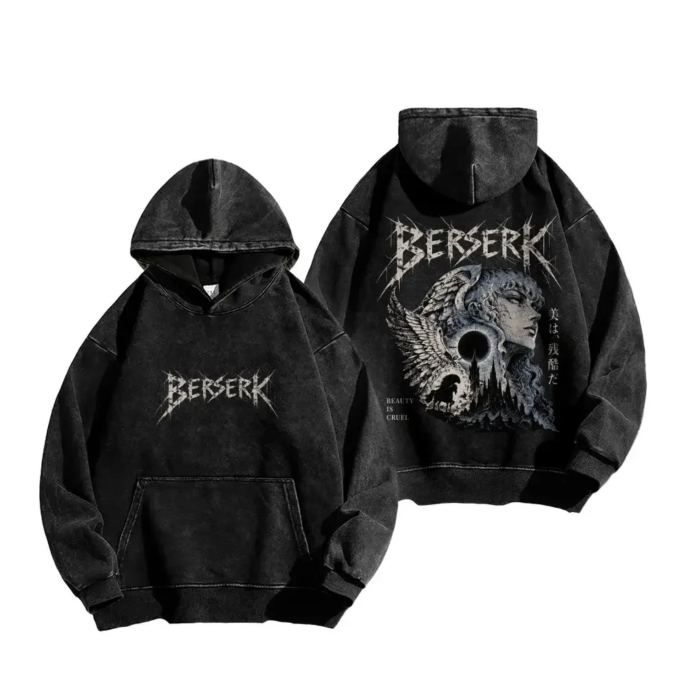 Guts Graphic Clothing Berserk Anime Hooded Men Women Vintage Washed Hoodies Oversized Cotton Sweatshirt Male Casual Streetwear