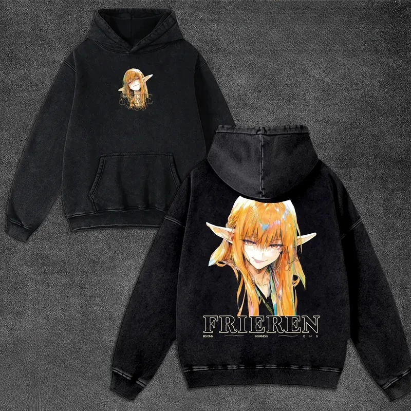 Frieren Anime Graphic Kawaii Hooded Men Women Vintage Hoodies Washed Cotton Sweatshirt Harajuku Streetwear Male Casual Pullover