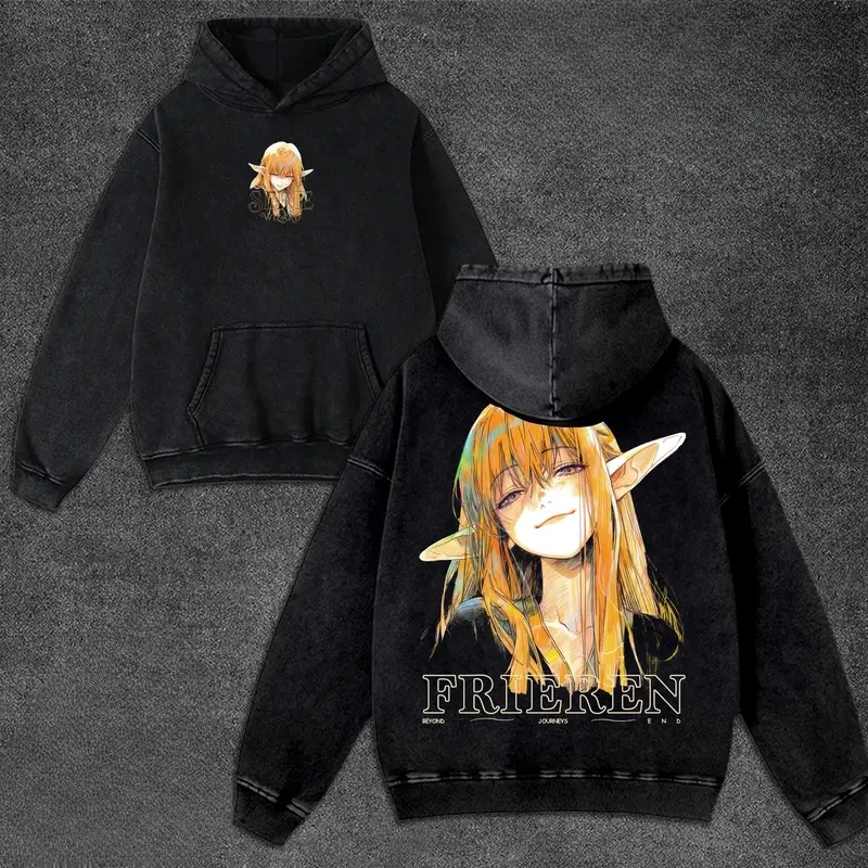 Frieren Anime Graphic Kawaii Hooded Men Women Vintage Hoodies Washed Cotton Sweatshirt Harajuku Streetwear Male Casual Pullover