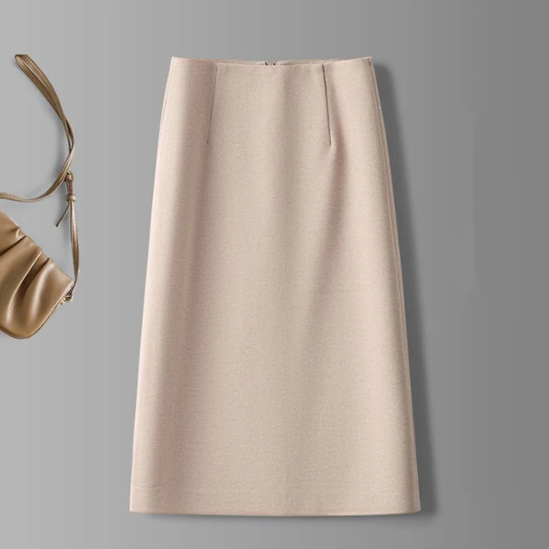 Autumn Winter Female Korean Solid A-line Wool Skirts Girls Classic Fashion High Waist Skirts Women Retro Thin Mid-Long Dress