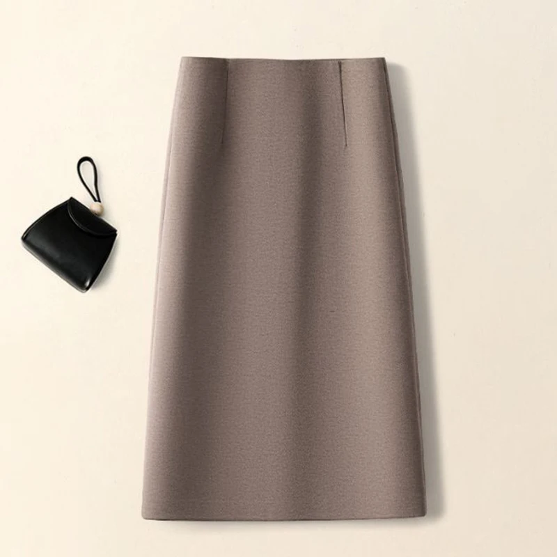Autumn Winter Female Korean Solid A-line Wool Skirts Girls Classic Fashion High Waist Skirts Women Retro Thin Mid-Long Dress