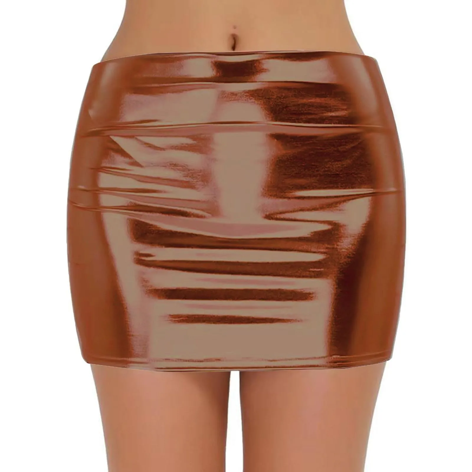 Sexy PU Leather Short Skirts for Women Club Prom Performance Solid High Waist Mini Skirt Gold Red Shine Bright Fladas Mujer