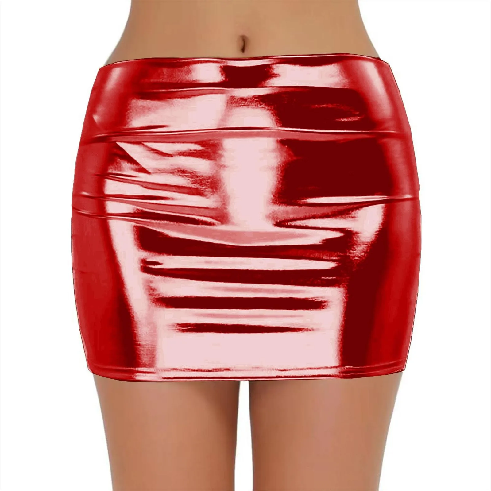 Sexy PU Leather Short Skirts for Women Club Prom Performance Solid High Waist Mini Skirt Gold Red Shine Bright Fladas Mujer