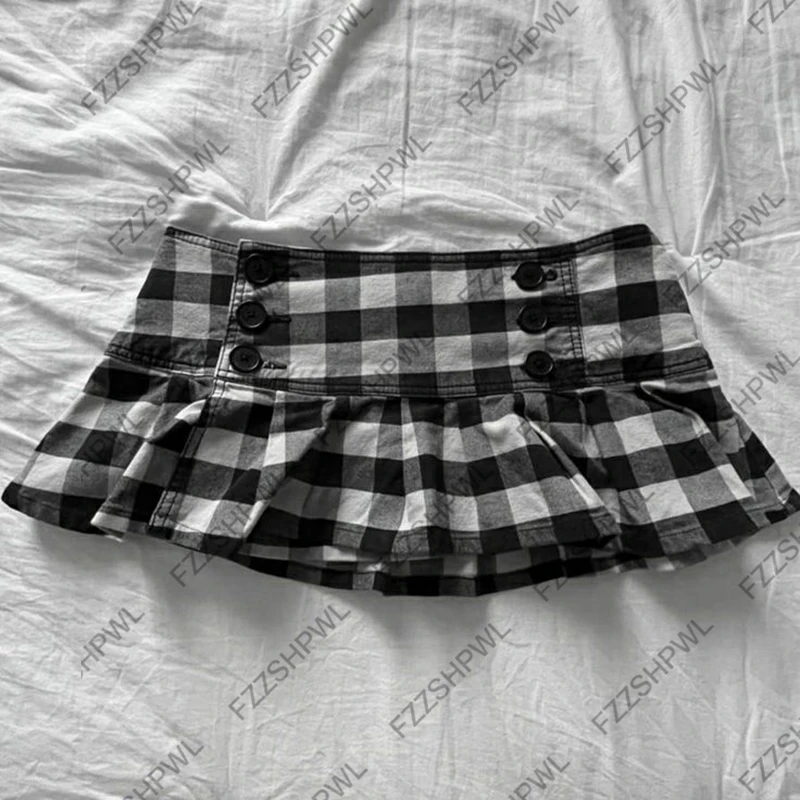 Y2K Skirt Subculture Harajuku Grid print Spicy Girls Mini Skirt Goth Streetwear Button A-line skirt Punk Retro Half length skirt