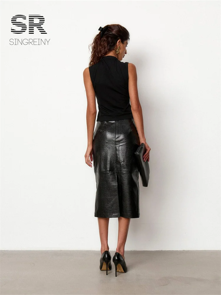 SINGREINY Autumn PU Leather Sexy Straight Skirt Crocodile Texture Celebrity Style Female Commute Party Elegant Edgy Trend Skirts
