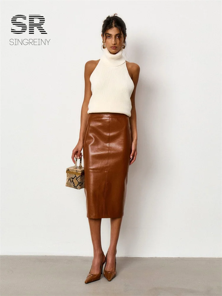 SINGREINY Autumn PU Leather Sexy Straight Skirt Crocodile Texture Celebrity Style Female Commute Party Elegant Edgy Trend Skirts