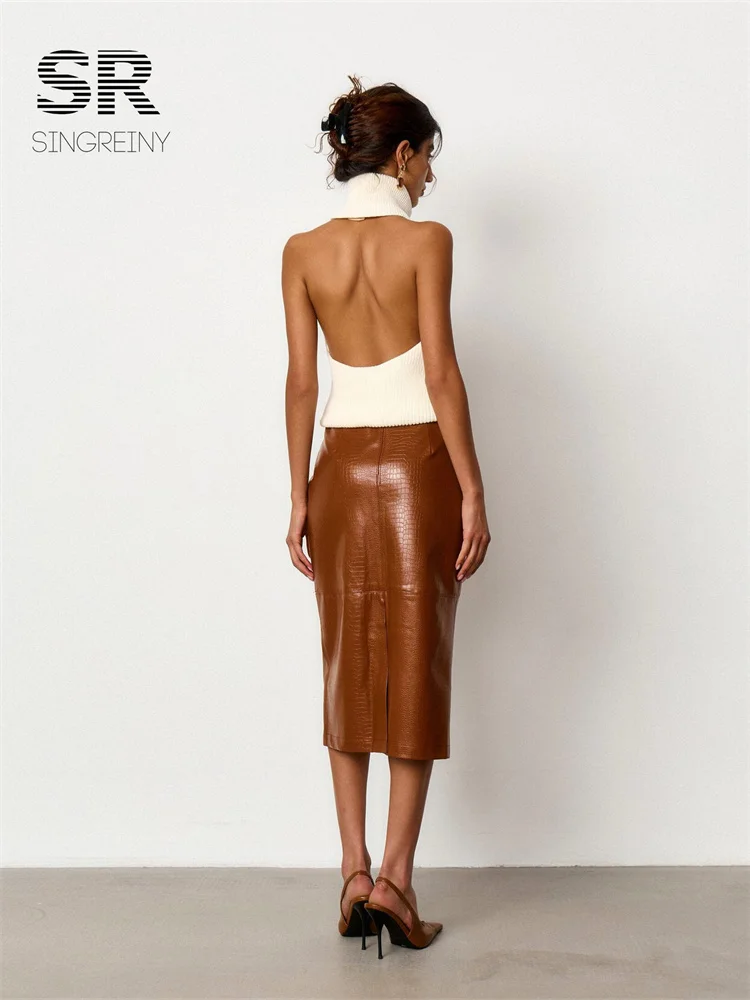 SINGREINY Autumn PU Leather Sexy Straight Skirt Crocodile Texture Celebrity Style Female Commute Party Elegant Edgy Trend Skirts