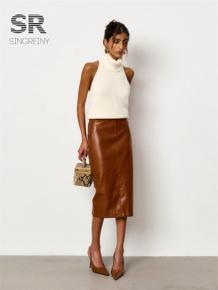 SINGREINY Autumn PU Leather Sexy Straight Skirt Crocodile Texture Celebrity Style Female Commute Party Elegant Edgy Trend Skirts