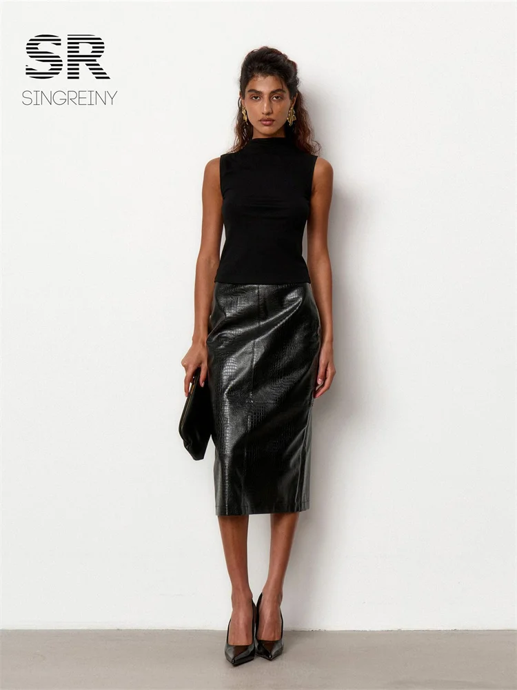 SINGREINY Autumn PU Leather Sexy Straight Skirt Crocodile Texture Celebrity Style Female Commute Party Elegant Edgy Trend Skirts
