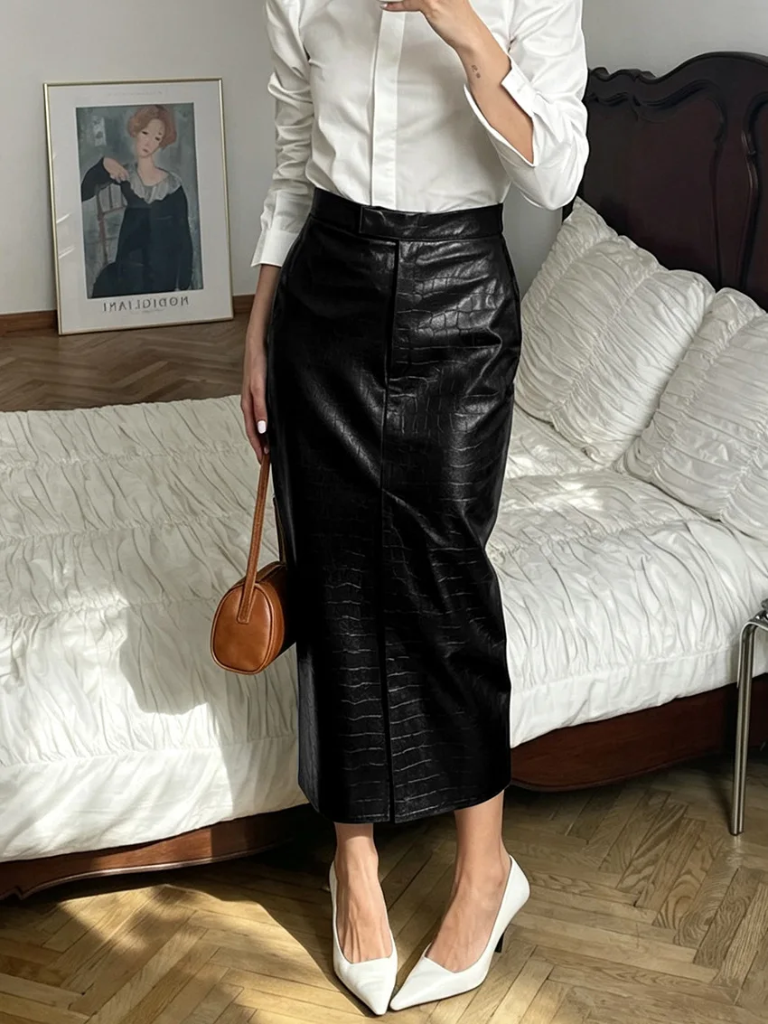SINGREINY Fake Crocodile Grain Leather Long Skirts Autumn Fashion Designer-Inspired Straight Retro PU Leather Split Skrits