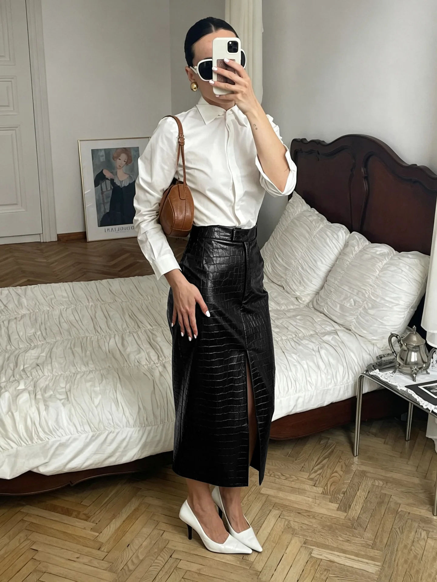 SINGREINY Fake Crocodile Grain Leather Long Skirts Autumn Fashion Designer-Inspired Straight Retro PU Leather Split Skrits