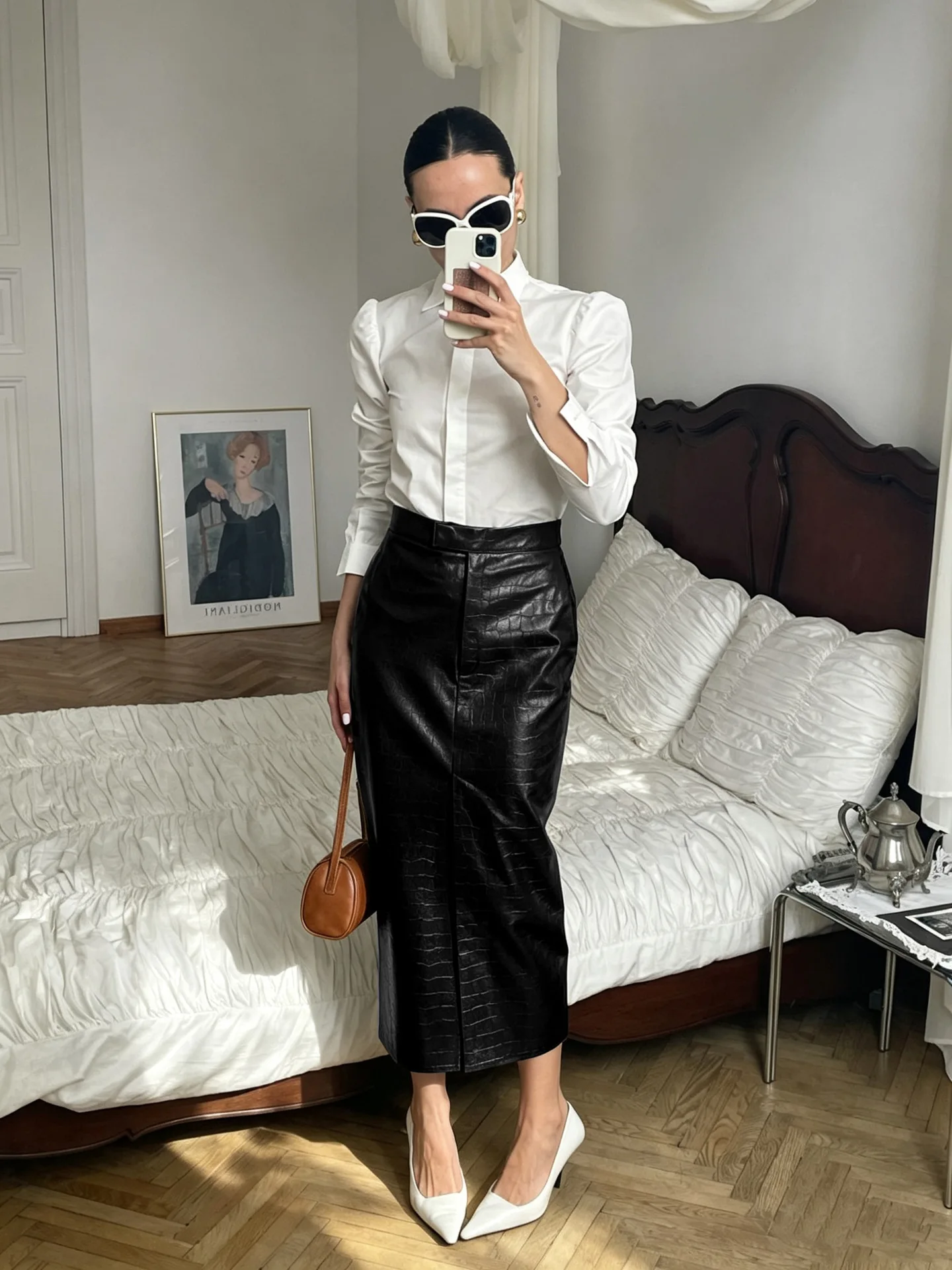 SINGREINY Fake Crocodile Grain Leather Long Skirts Autumn Fashion Designer-Inspired Straight Retro PU Leather Split Skrits