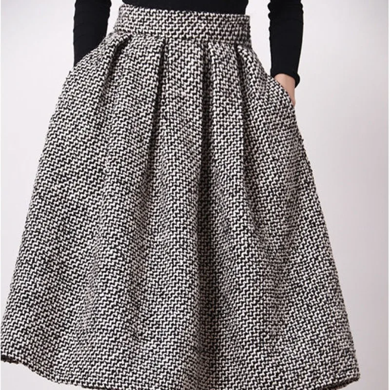 Matakawa Woolen Faldas Mujer Plaid Vintage Thick Autumn Winter Korean Fashion Women Skirts High Waist A-line Retro Long Skirt