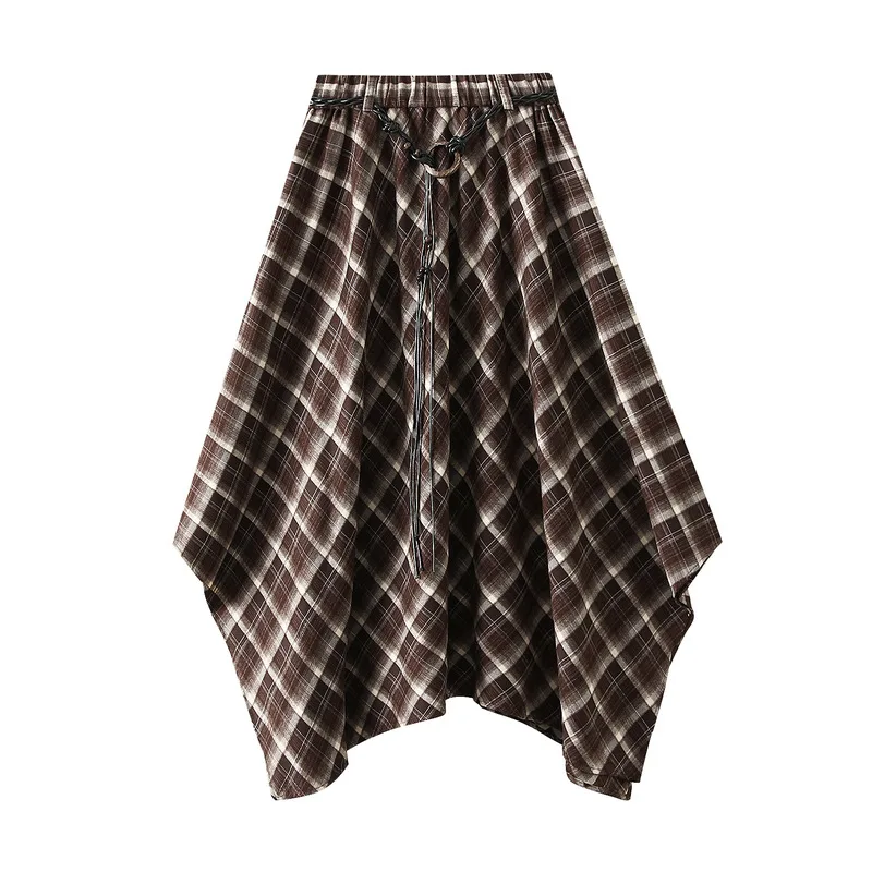 French Vintage Plaid Wrap Skirts for Women Autumn High Waist Pleated A-Line Maxi Skirts Irregular Long Skirts Female Clothing