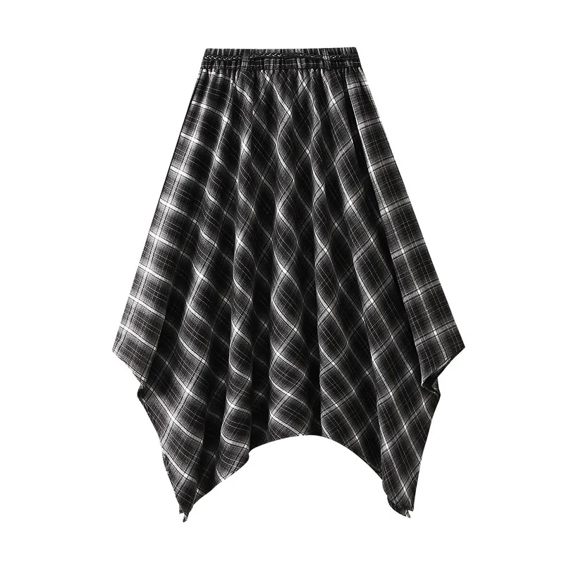 French Vintage Plaid Wrap Skirts for Women Autumn High Waist Pleated A-Line Maxi Skirts Irregular Long Skirts Female Clothing