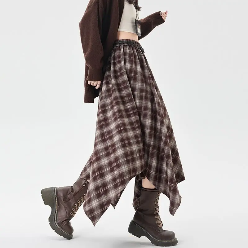 French Vintage Plaid Wrap Skirts for Women Autumn High Waist Pleated A-Line Maxi Skirts Irregular Long Skirts Female Clothing