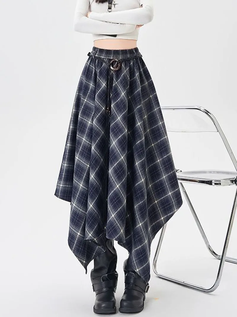French Vintage Plaid Wrap Skirts for Women Autumn High Waist Pleated A-Line Maxi Skirts Irregular Long Skirts Female Clothing