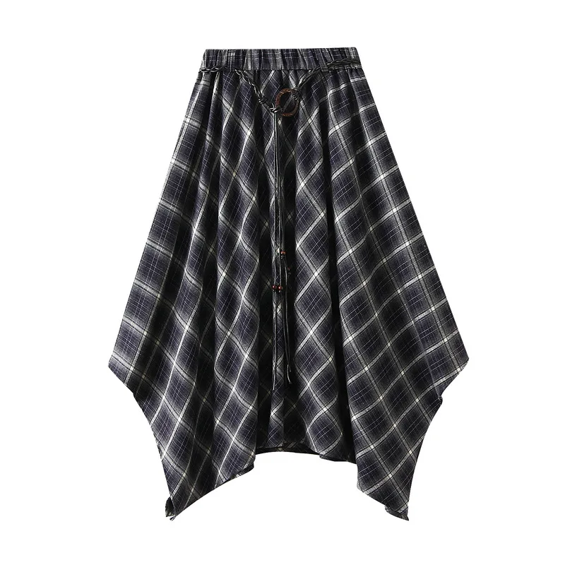 French Vintage Plaid Wrap Skirts for Women Autumn High Waist Pleated A-Line Maxi Skirts Irregular Long Skirts Female Clothing