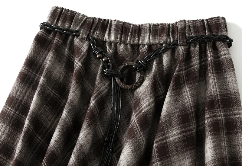 French Vintage Plaid Wrap Skirts for Women Autumn High Waist Pleated A-Line Maxi Skirts Irregular Long Skirts Female Clothing