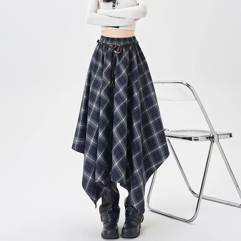 French Vintage Plaid Wrap Skirts for Women Autumn High Waist Pleated A-Line Maxi Skirts Irregular Long Skirts Female Clothing