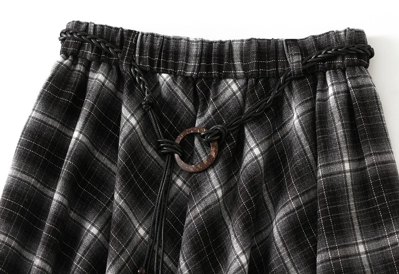 French Vintage Plaid Wrap Skirts for Women Autumn High Waist Pleated A-Line Maxi Skirts Irregular Long Skirts Female Clothing
