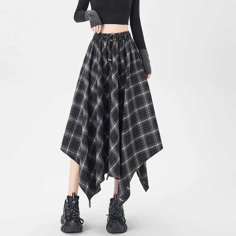 French Vintage Plaid Wrap Skirts for Women Autumn High Waist Pleated A-Line Maxi Skirts Irregular Long Skirts Female Clothing