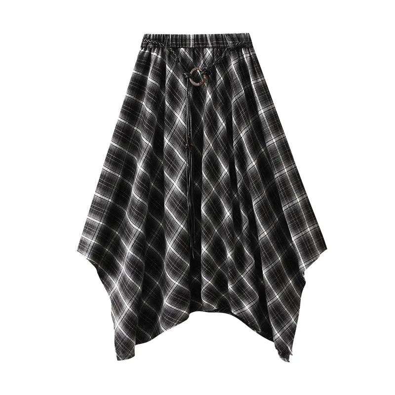 French Vintage Plaid Wrap Skirts for Women Autumn High Waist Pleated A-Line Maxi Skirts Irregular Long Skirts Female Clothing