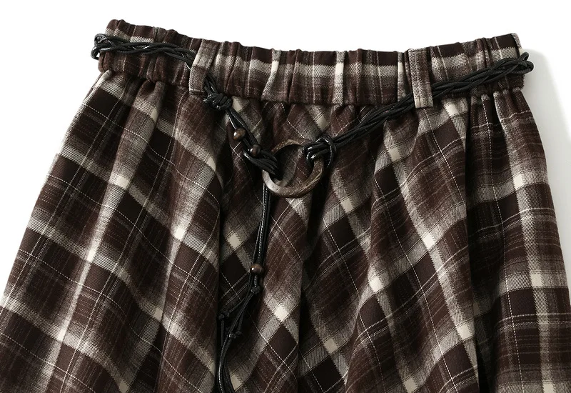 French Vintage Plaid Wrap Skirts for Women Autumn High Waist Pleated A-Line Maxi Skirts Irregular Long Skirts Female Clothing