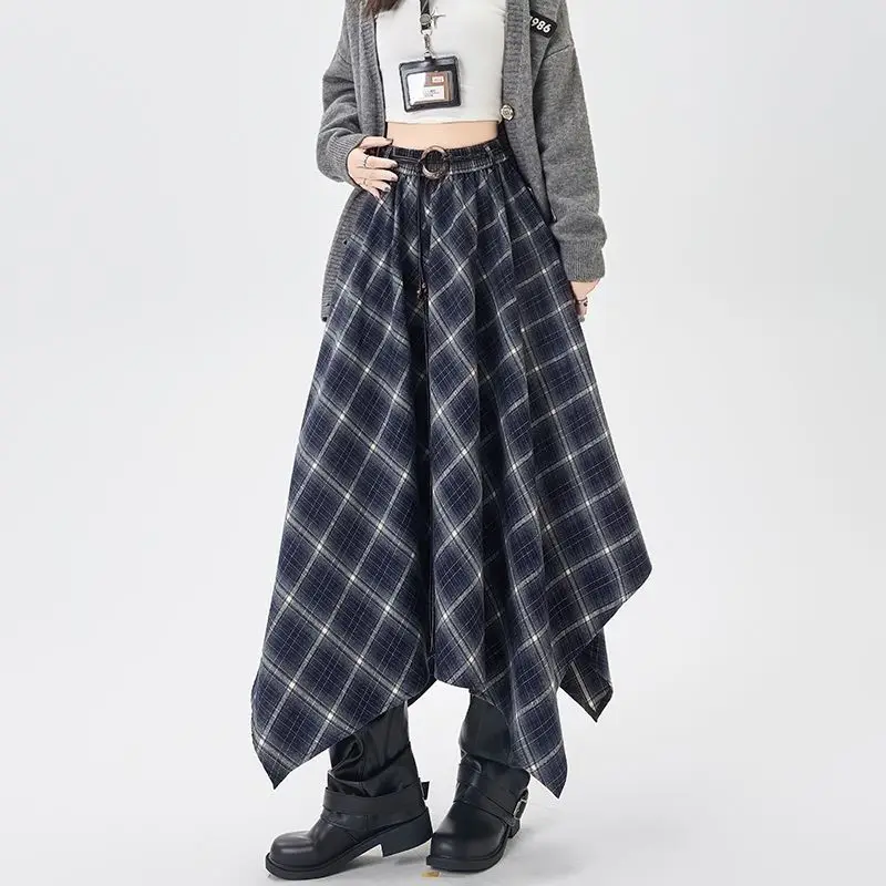 French Vintage Plaid Wrap Skirts for Women Autumn High Waist Pleated A-Line Maxi Skirts Irregular Long Skirts Female Clothing