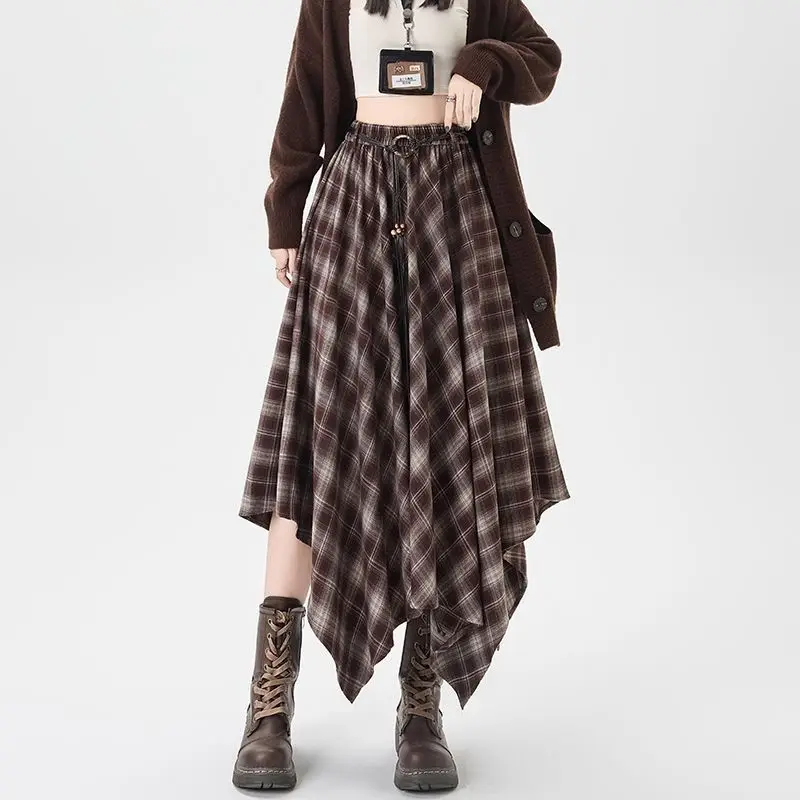 French Vintage Plaid Wrap Skirts for Women Autumn High Waist Pleated A-Line Maxi Skirts Irregular Long Skirts Female Clothing