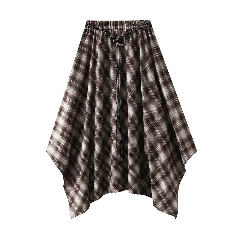 French Vintage Plaid Wrap Skirts for Women Autumn High Waist Pleated A-Line Maxi Skirts Irregular Long Skirts Female Clothing