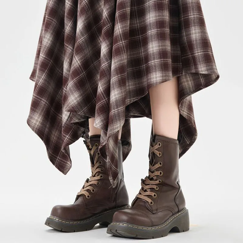 French Vintage Plaid Wrap Skirts for Women Autumn High Waist Pleated A-Line Maxi Skirts Irregular Long Skirts Female Clothing
