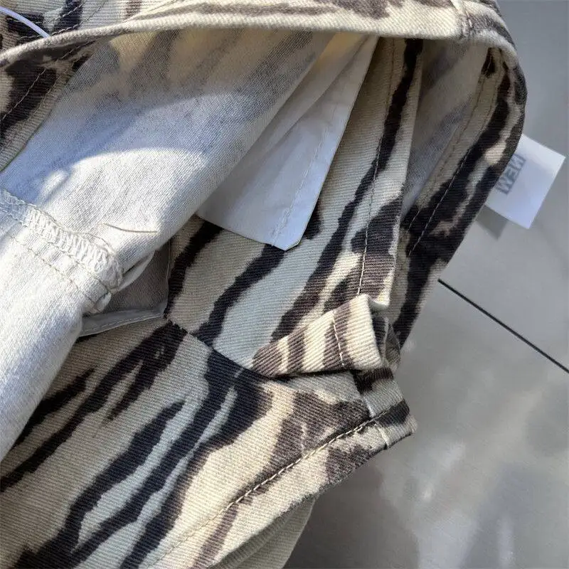 2026 Summer New Zebra Print Denim Skirt American Casual Fashion Retro High Waist Stripe Women's A-line Ripped Short Skirts