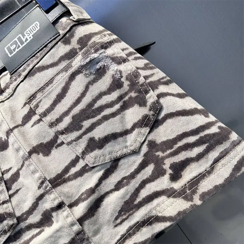 2026 Summer New Zebra Print Denim Skirt American Casual Fashion Retro High Waist Stripe Women's A-line Ripped Short Skirts