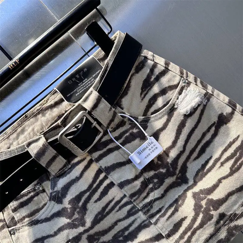 2026 Summer New Zebra Print Denim Skirt American Casual Fashion Retro High Waist Stripe Women's A-line Ripped Short Skirts