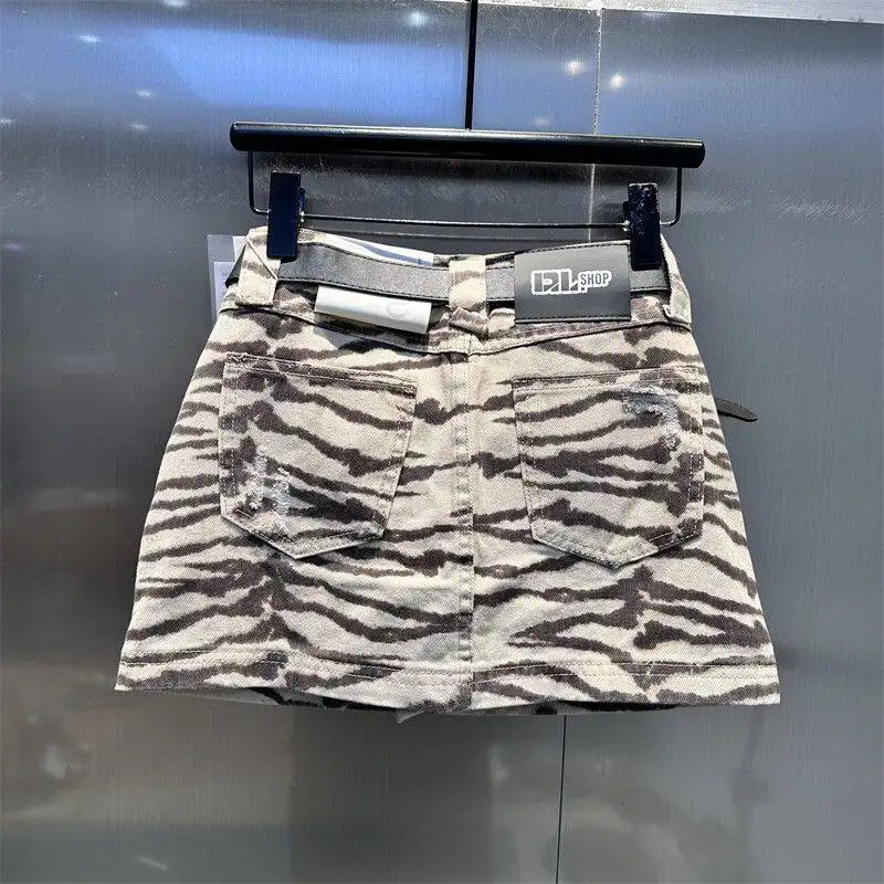 2026 Summer New Zebra Print Denim Skirt American Casual Fashion Retro High Waist Stripe Women's A-line Ripped Short Skirts