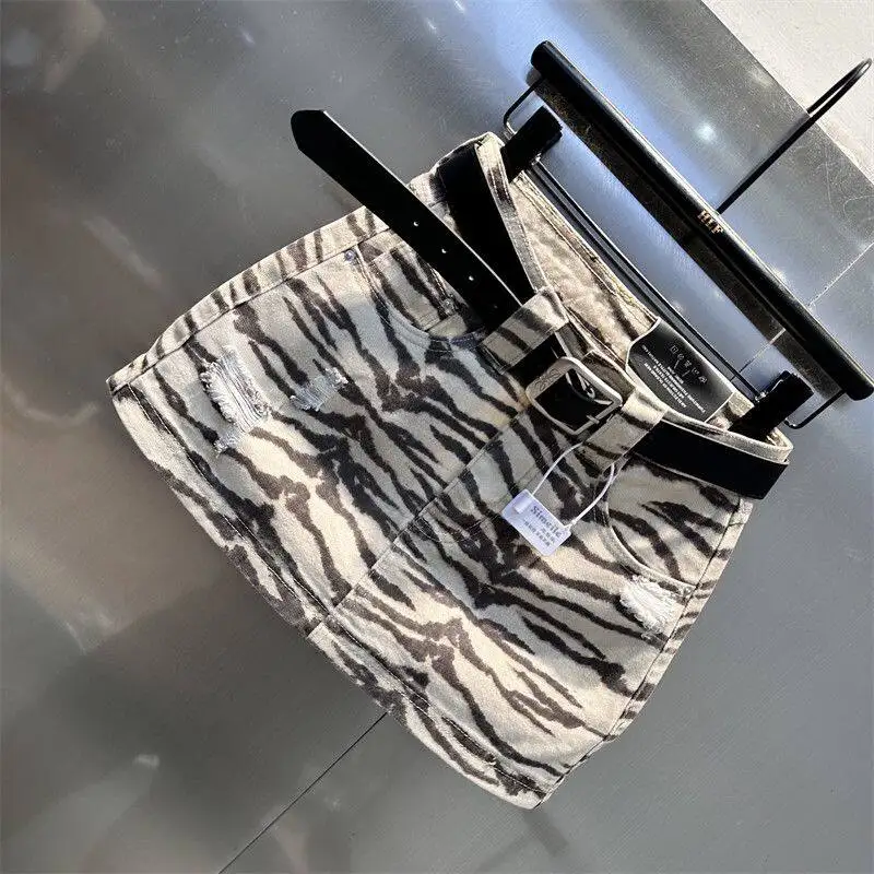 2026 Summer New Zebra Print Denim Skirt American Casual Fashion Retro High Waist Stripe Women's A-line Ripped Short Skirts