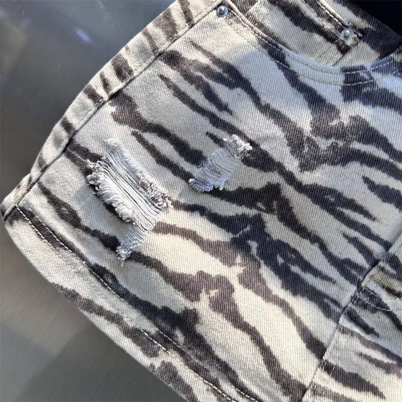 2026 Summer New Zebra Print Denim Skirt American Casual Fashion Retro High Waist Stripe Women's A-line Ripped Short Skirts