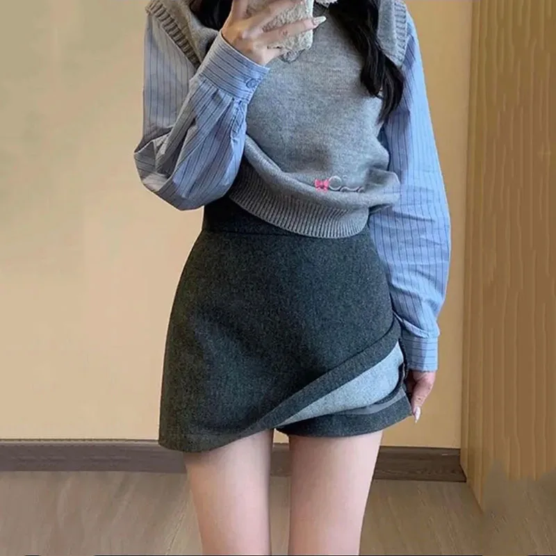 2026 New Gray Thicken Woolen Skirts Women Autumn Winter High Waist Anti-Glare Short Skirt Female Solid Simple Blended Skirts