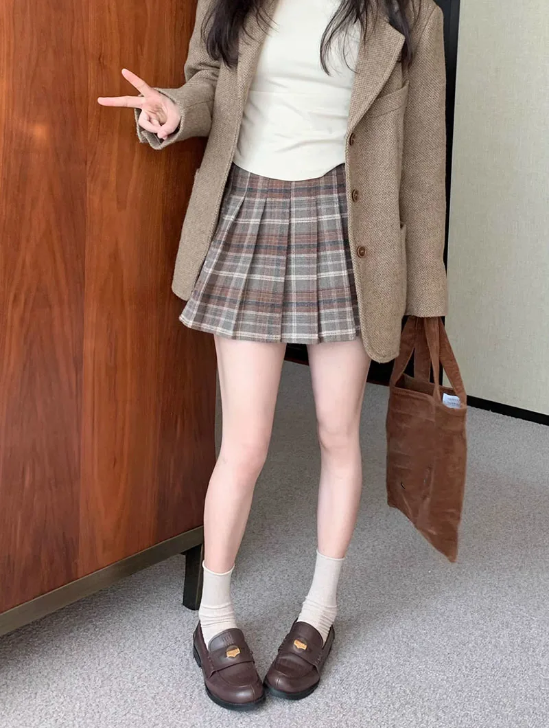 Preppy Style Plaid Pleated Skirt Women Fall Winter High Waist Woolen Mini Skirt Japanese School Uniforms Kawaii Y2K Jk Skirts