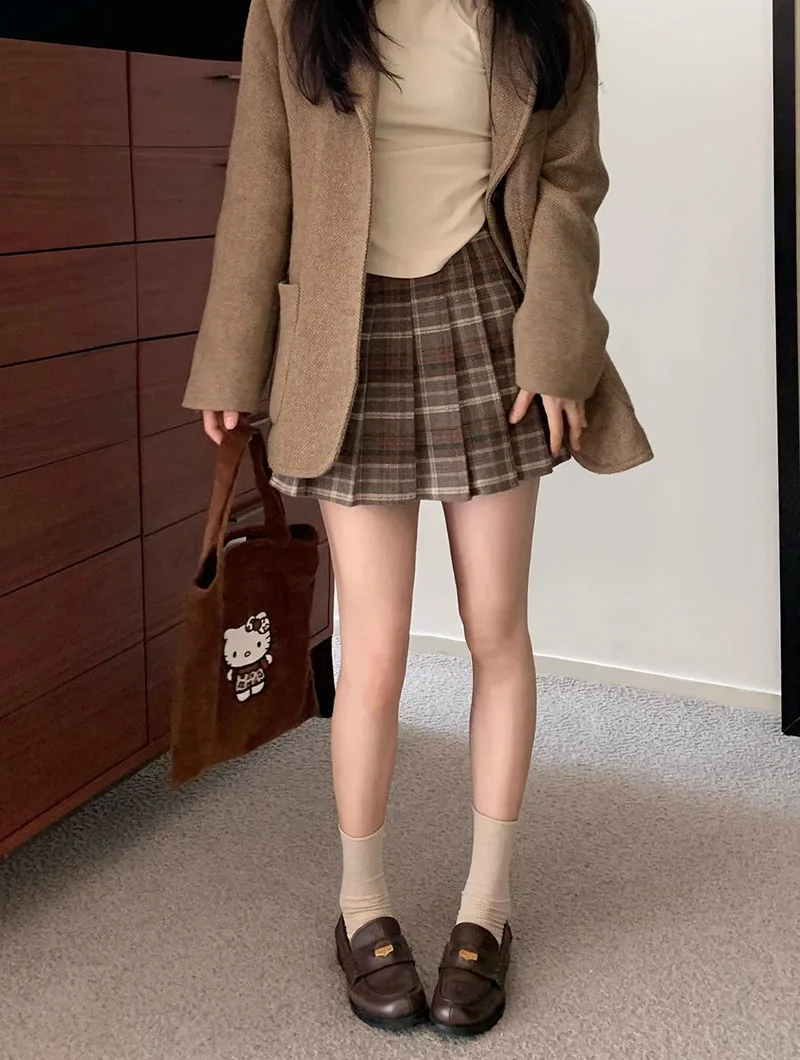 Preppy Style Plaid Pleated Skirt Women Fall Winter High Waist Woolen Mini Skirt Japanese School Uniforms Kawaii Y2K Jk Skirts