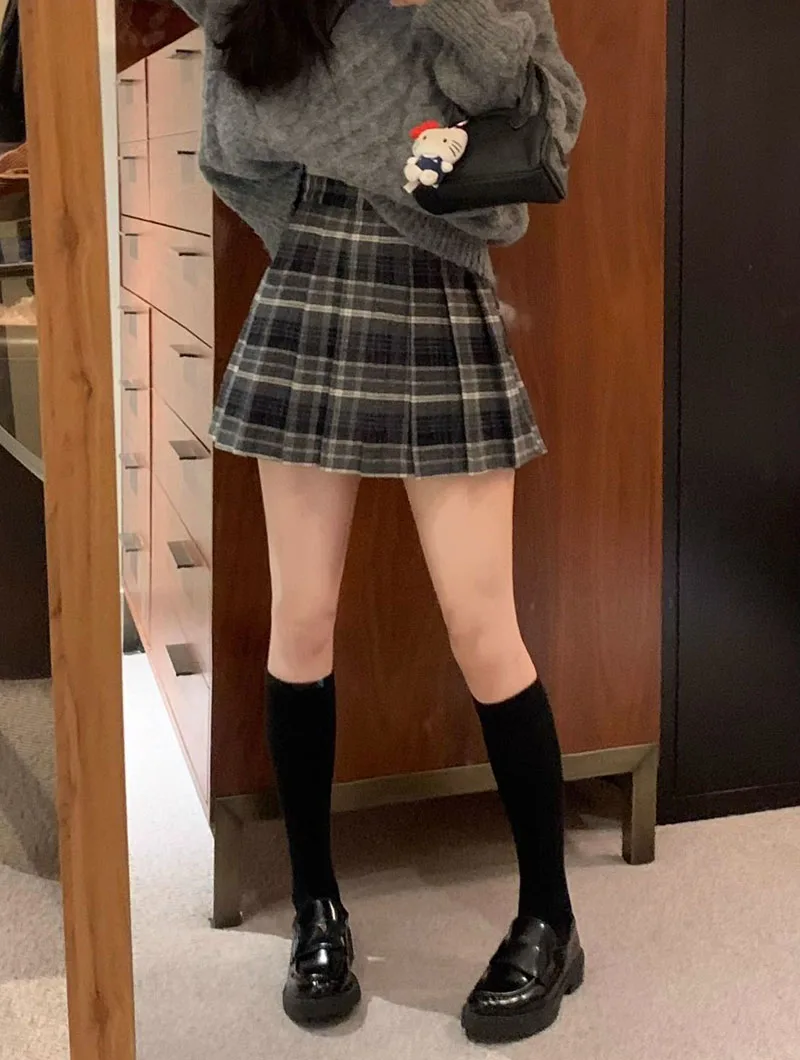 Preppy Style Plaid Pleated Skirt Women Fall Winter High Waist Woolen Mini Skirt Japanese School Uniforms Kawaii Y2K Jk Skirts