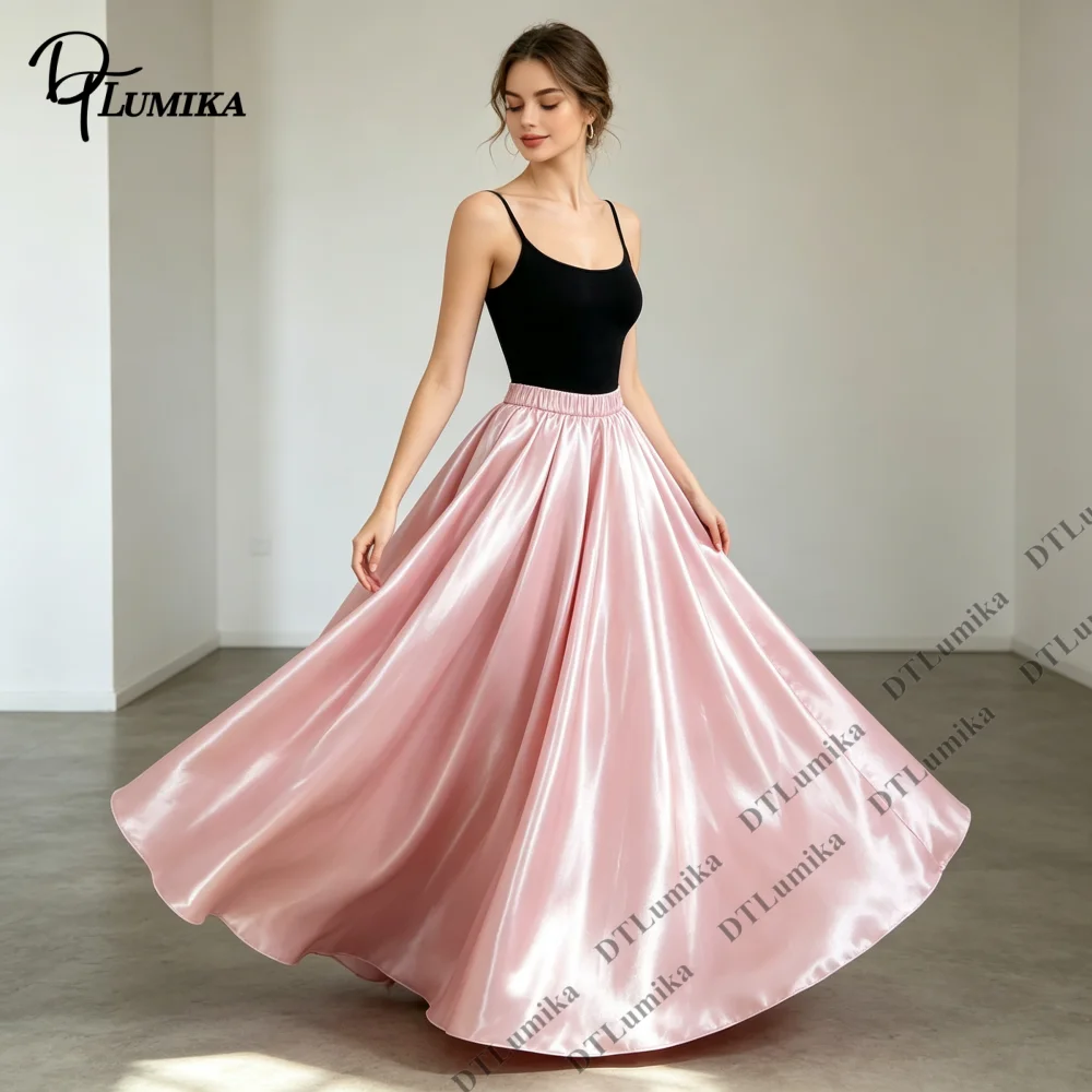 Glossy Satin Elastic Waist Maxi Skirt Women Customized High Waist Flared Long Skirts Wedding Guest Prom Evening Formal Occasion