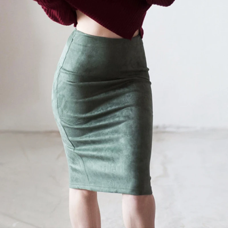 Fashion Empire Skirts 2024 Spring Faux Suede Pencil Skirt High Waist Bodycon Split Thick Stretchy Skirts